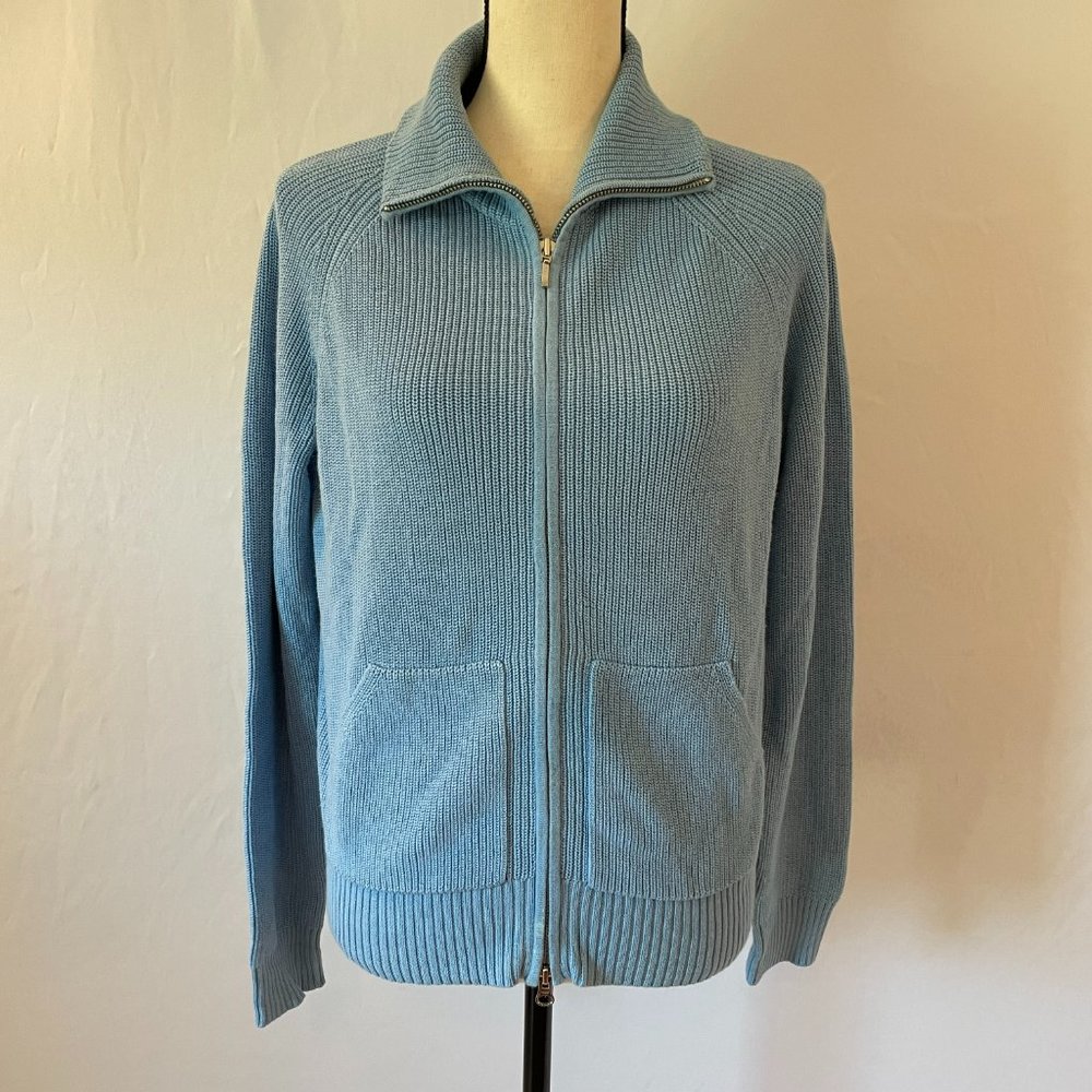 The Country Fair Knit Zip Collar Blue Cardigan Sweater – Size M